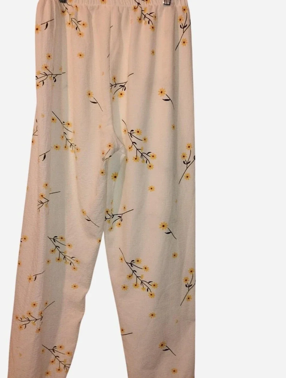 Floral Pajama Pants Large White Yellow Daisy Plisse Seersucker Wide Leg Lounge